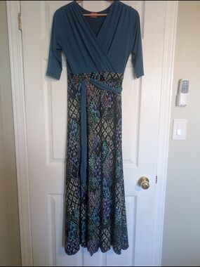 Teal Wrap Maxi Dress with Patterned Skirt And Waist Tie
